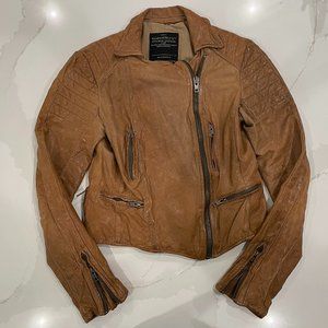 All Saints leather moto jacket tan